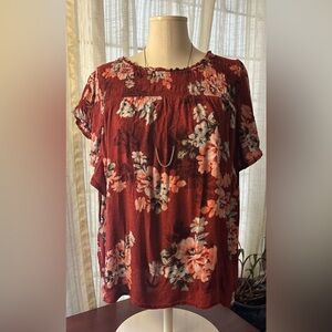 Maurices Burgundy Floral Short Sleeve Blouse